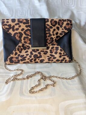 INC International Concepts "Luci" Leopard Print Faux Leather Clutch with Chain